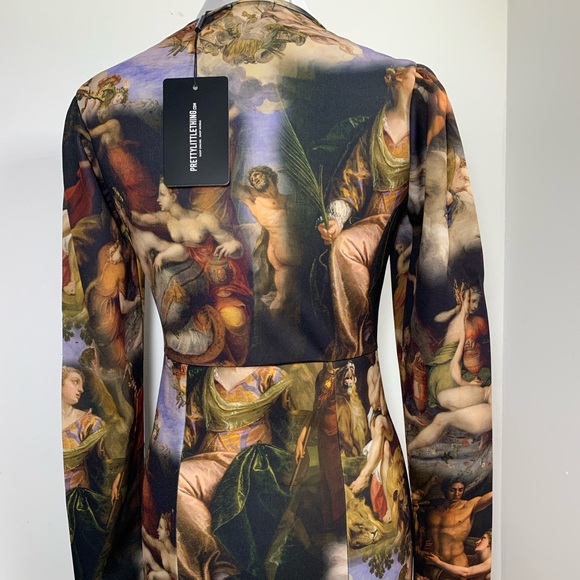 PrettyLittleThing PLT Mini Dress Renaissance Print Long Sleeve Brown Mix Scuba - Picture 7 of 14